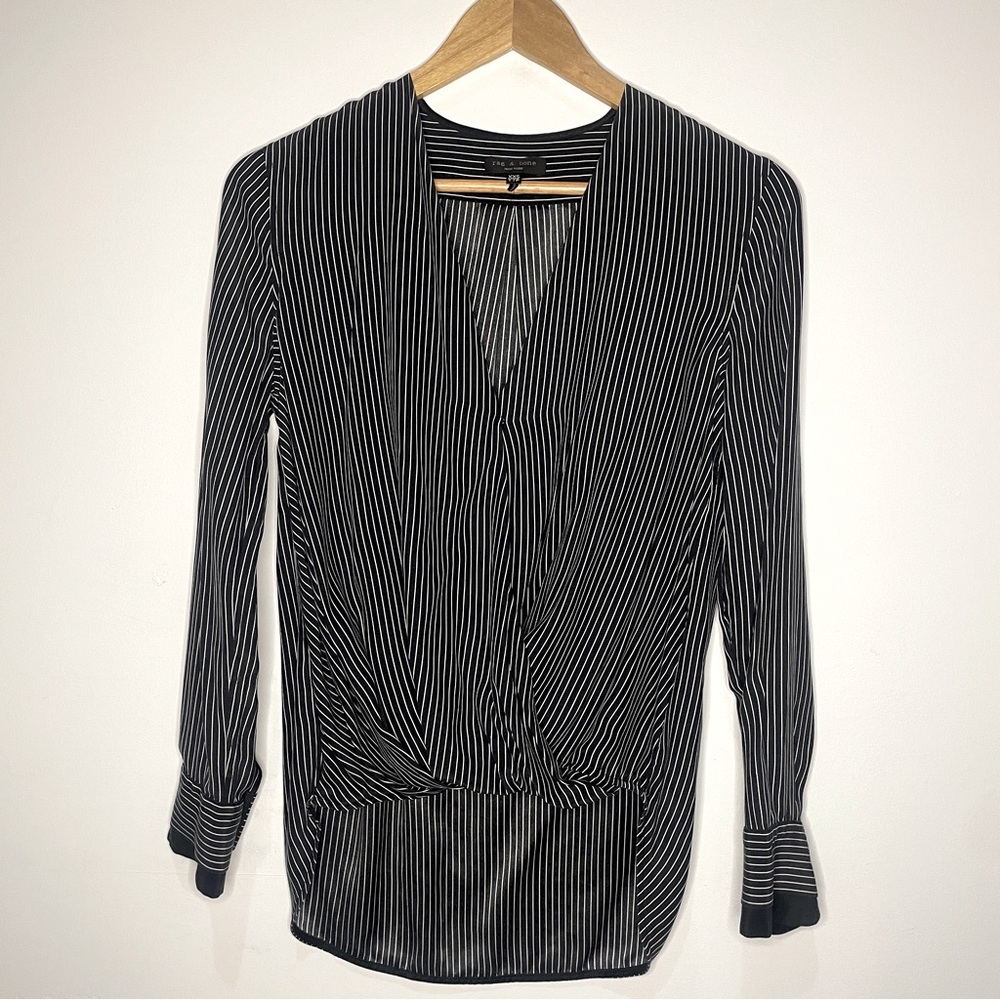 Rag & Bone Victor Striped Silk Wrap Blouse in Black/White - Women’s Size XXS - Picture 2 of 8